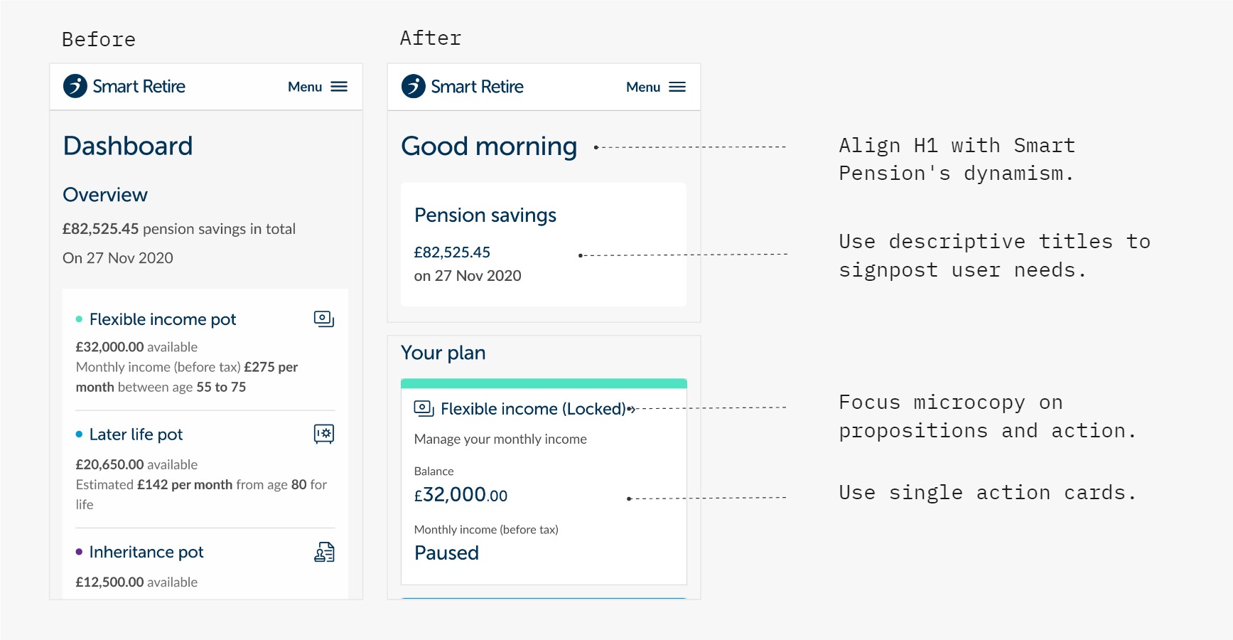 Visual hierarchy - Smart Retire - Dashboard - changes